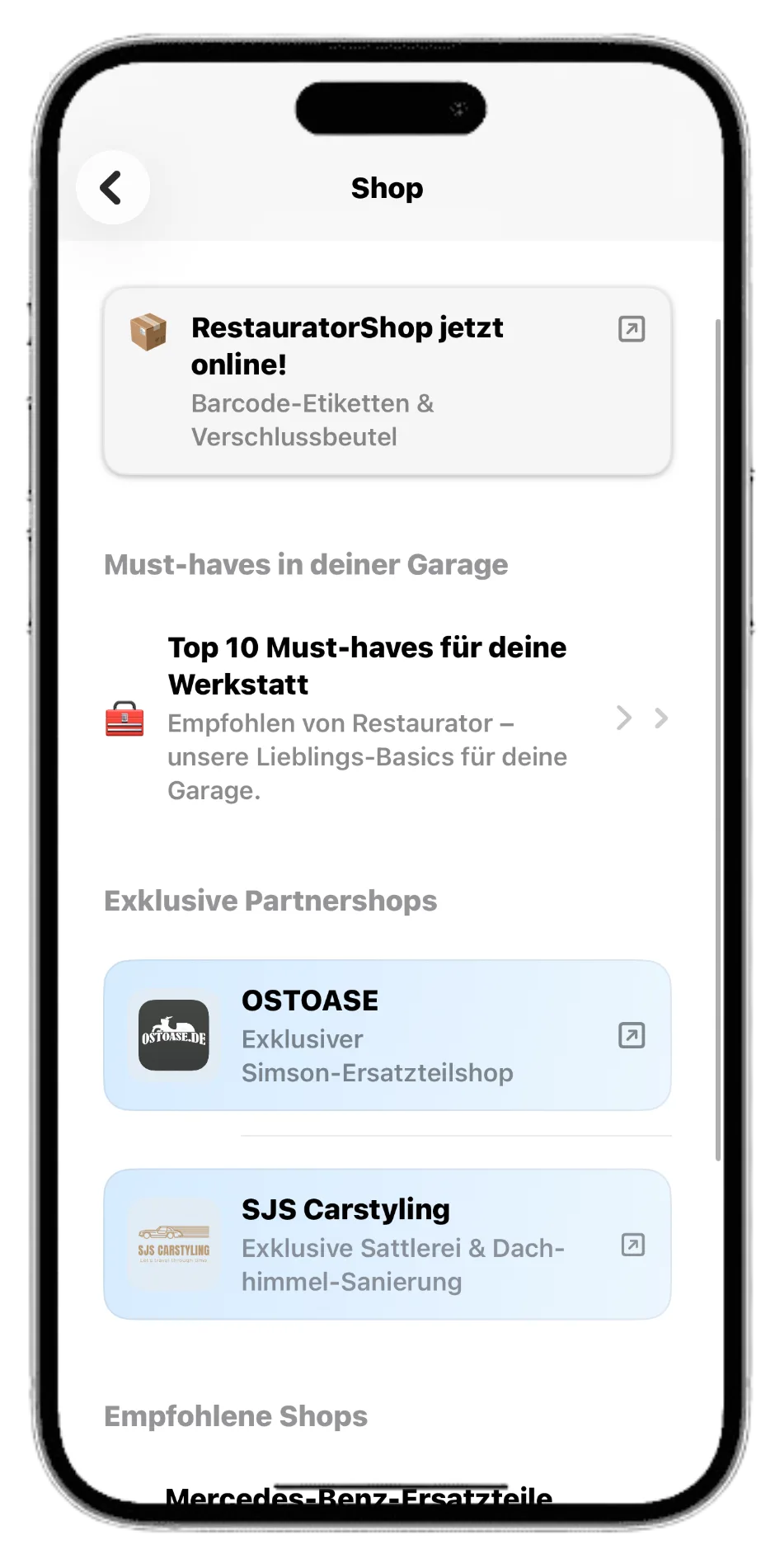 Screenshot der Shop-Ansicht in der Restaurator App mit Empfehlungen und Partnershops für Ersatzteile und Werkstattbedarf.