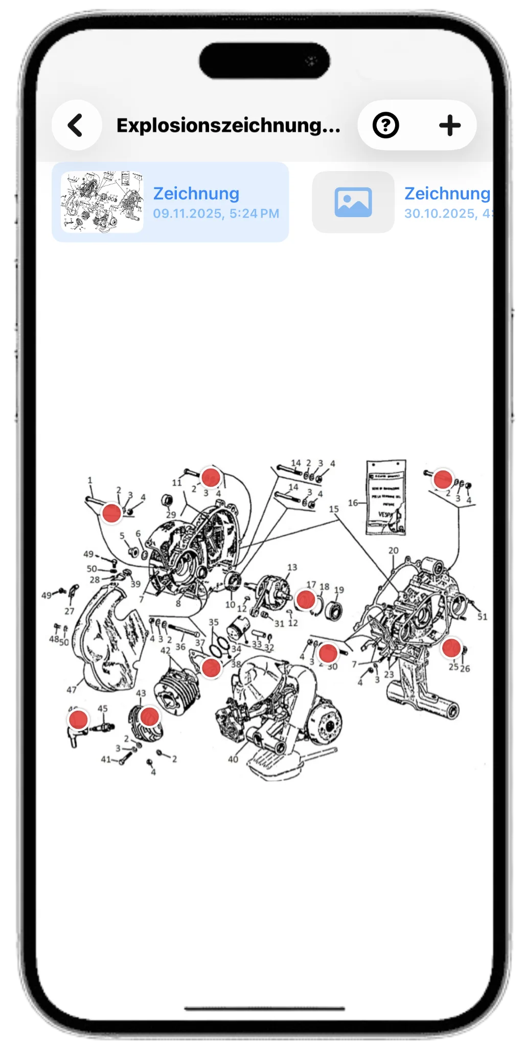 Screenshot der Restaurator App mit einer Explosionszeichnung und markierten Pins zur Visualisierung von Bauteilen.