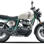 Royal Enfield Bear 650, seitlich fotografiert, Modelljahr 2025, Boardwalk White Lackierung, Startnummerntafel 249.