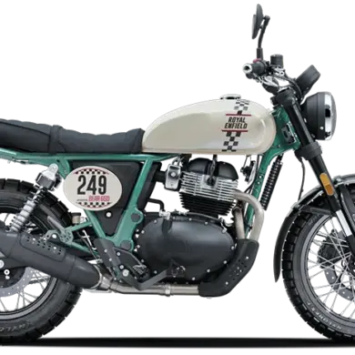 Royal Enfield Bear 650, seitlich fotografiert, Modelljahr 2025, Boardwalk White Lackierung, Startnummerntafel 249.