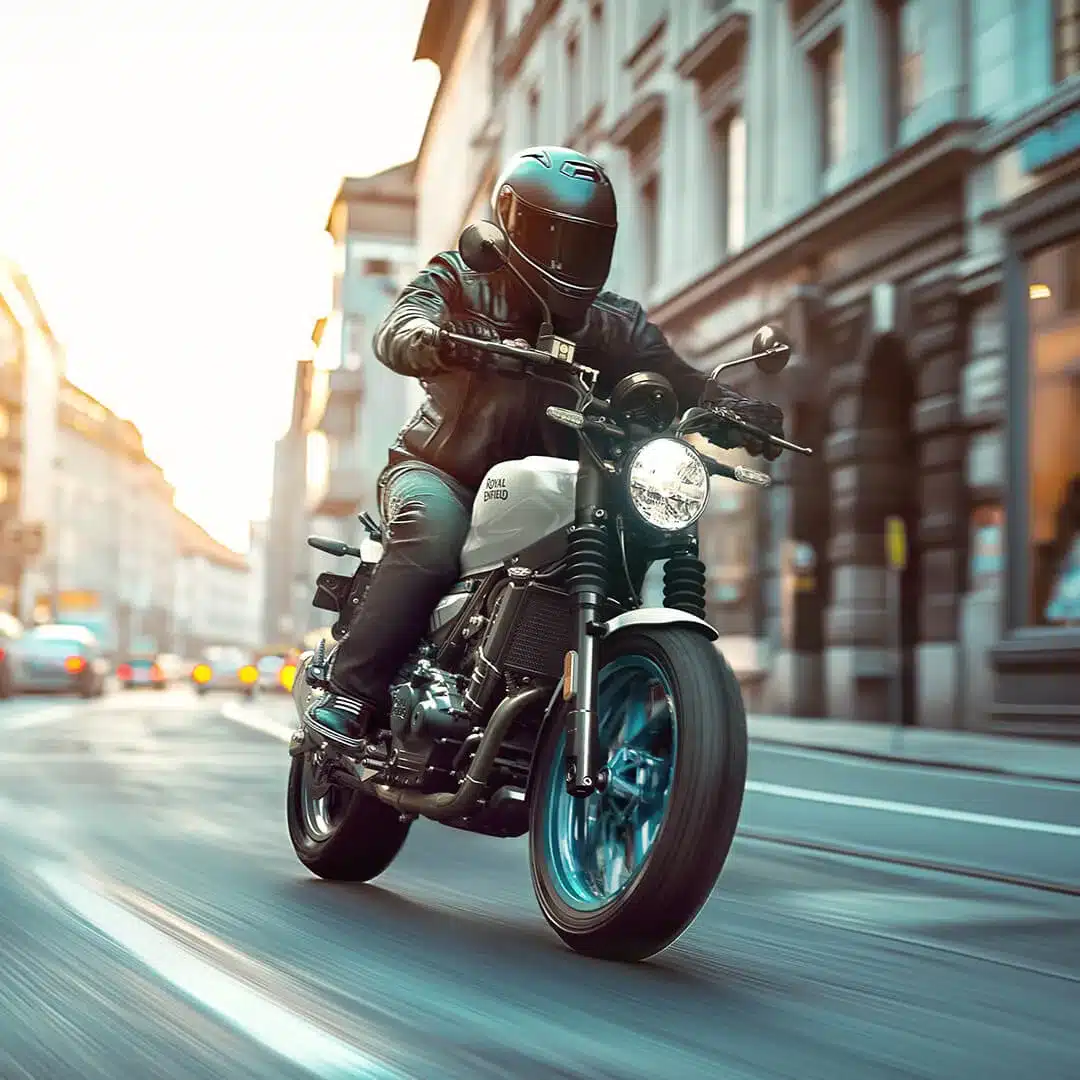 Fahrer auf einer Royal Enfield Guerrilla 450 fährt durch eine urbane Straßenkulisse.