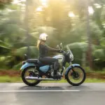 Royal Enfield Meteor 350 Aurora Blue mit Fahrerin auf Landstraße vor Naturkulisse