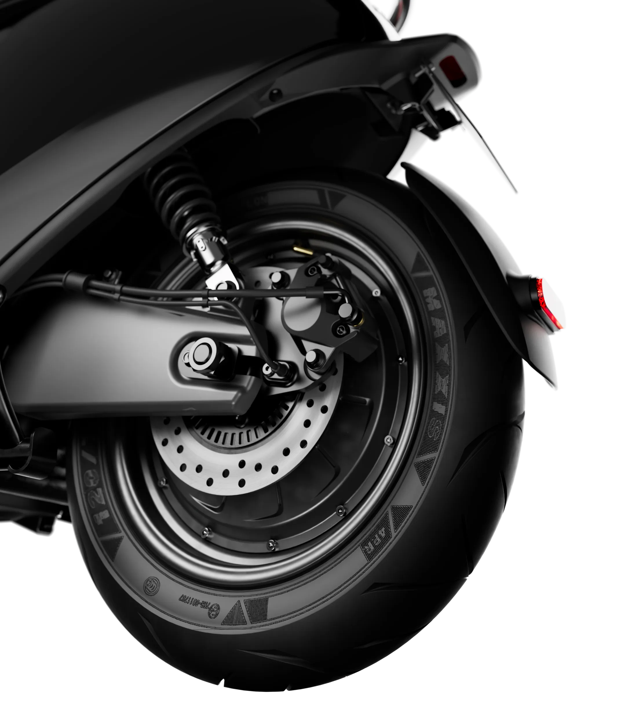 Hinterrad mit Vollscheibenmotor, Scheibenbremse und Federung am Segway E150S Elektroroller