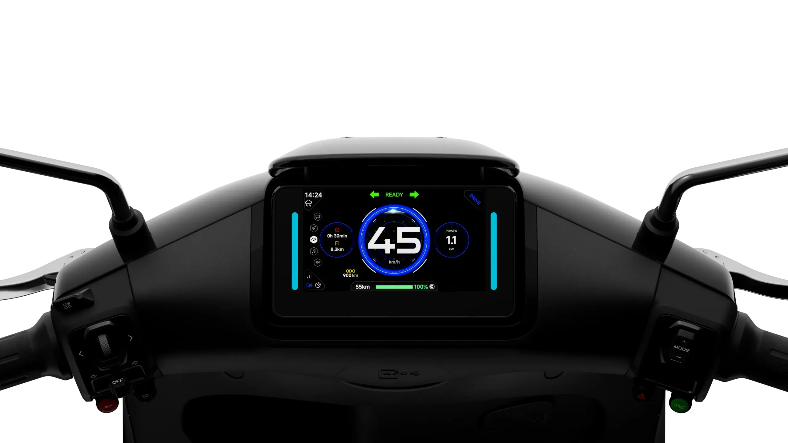 Digitales 5-Zoll-Farbdisplay des Segway E150S mit Geschwindigkeitsanzeige und Fahrzeugstatus.
