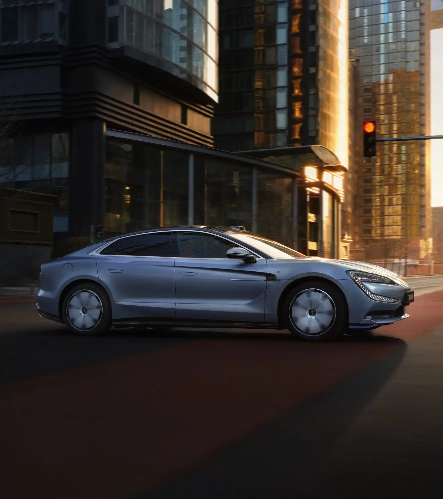 Silberne YangWang U7 Limousine fährt durch eine moderne Stadt bei Sonnenuntergang, zeigt rahmenlose Türen, bündige Griffe und Panoramadach.