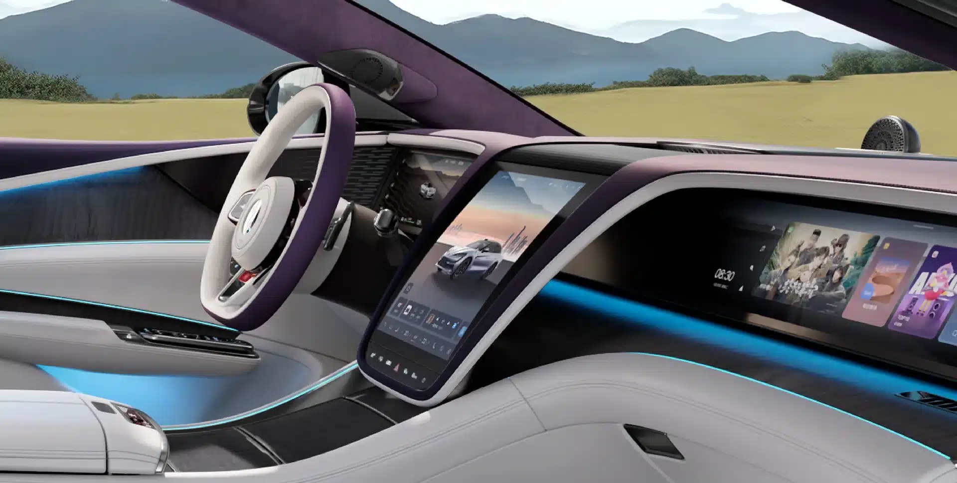 Hochwertiger Innenraum des YangWang U7 mit großem Zentralbildschirm, Lenkrad und Digitalanzeigen