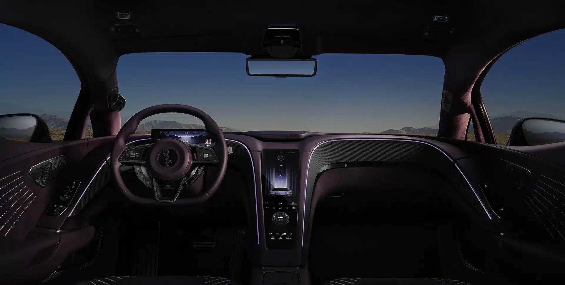 Innenansicht des Cockpits im YangWang U9 Supersportwagen mit Lenkrad und digitalem Armaturenbrett