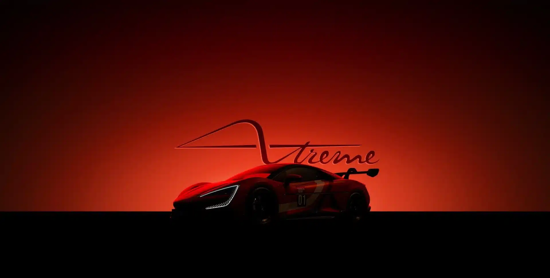 Der Yangwang U9 Xtreme Supersportwagen vor rot-schwarzem Hintergrund mit markantem LED-Tagfahrlicht und großem Heckflügel.