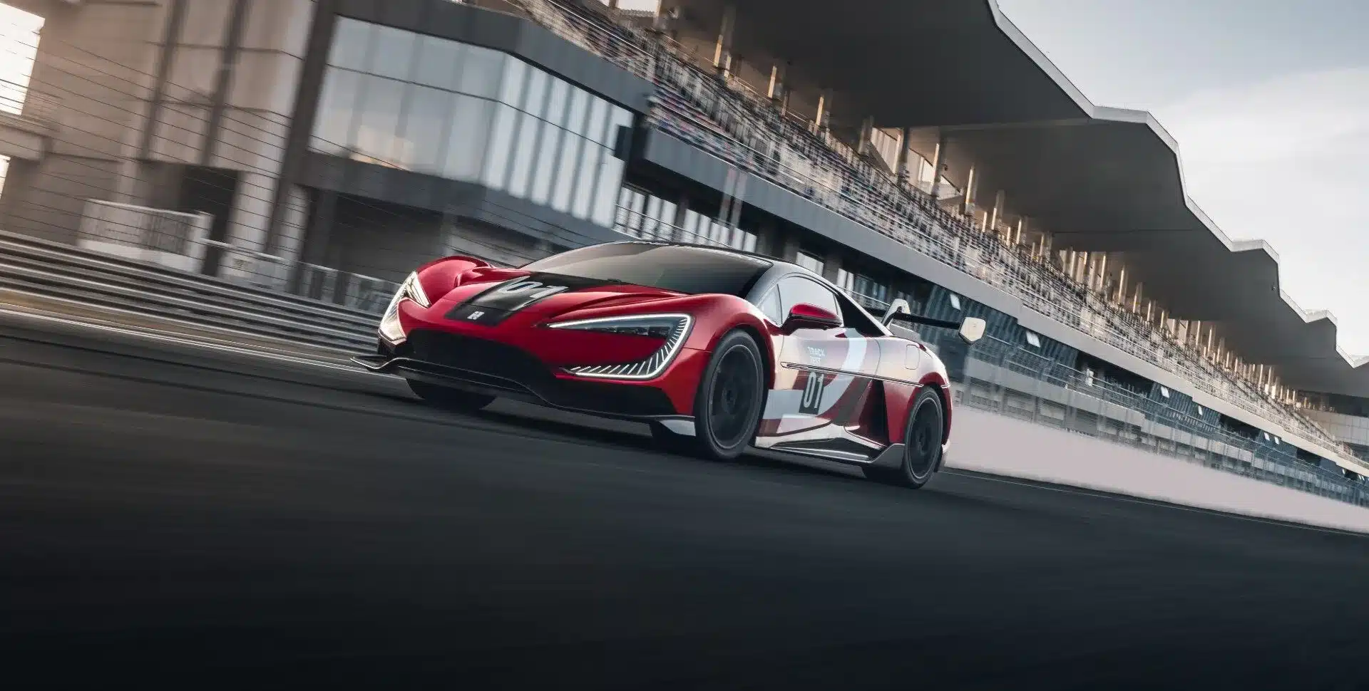 Yangwang U9 Xtreme Supersportwagen fährt auf einer Rennstrecke vor der Tribüne.