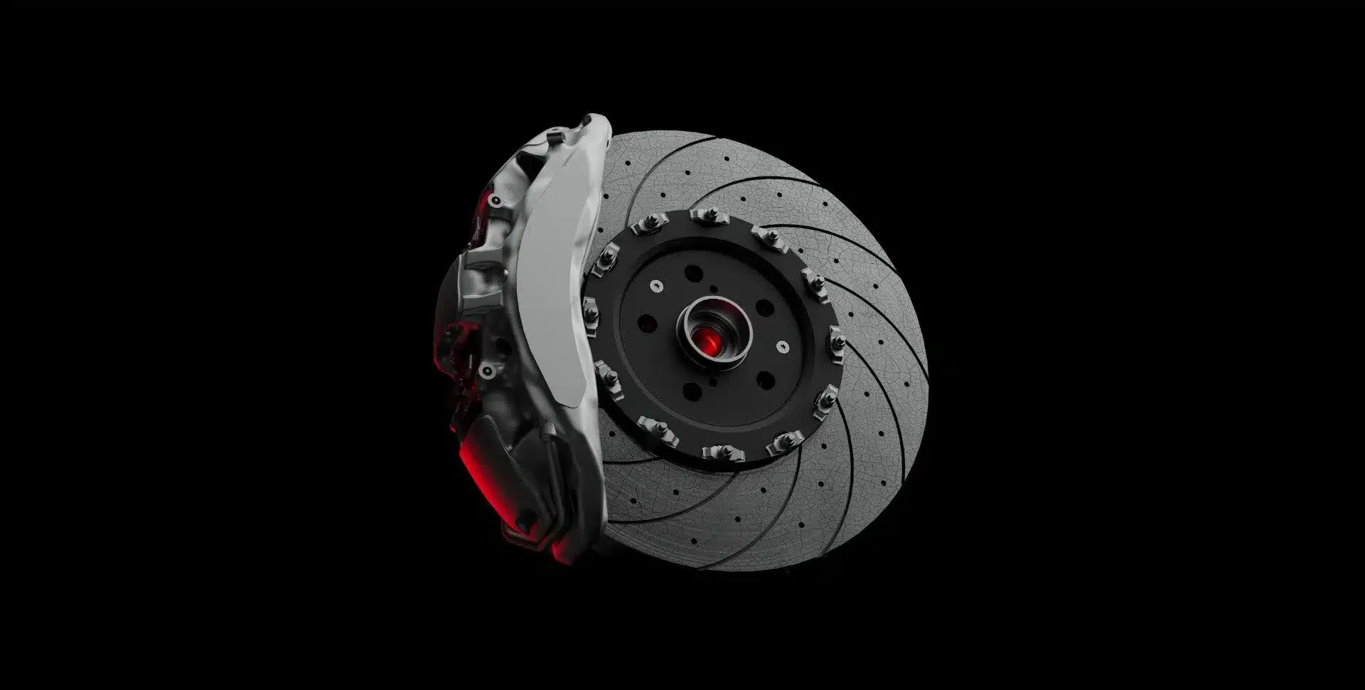 Titan-Bremssattel und gelochte Carbon-Keramik-Bremsscheibe für den Yangwang U9 Xtreme vor schwarzem Hintergrund