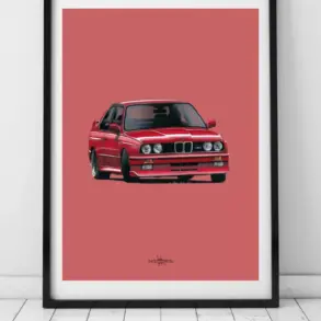 Kunstdruck eines roten BMW E30 M3 vor rosa Hintergrund, eingerahmt und auf den Boden gestellt