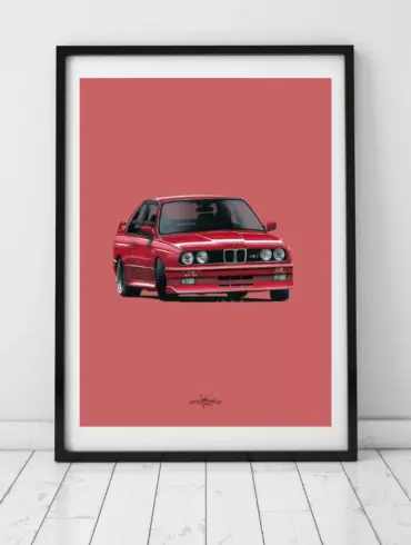 Kunstdruck eines roten BMW E30 M3 vor rosa Hintergrund, eingerahmt und auf den Boden gestellt