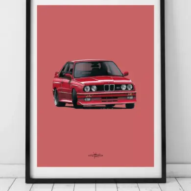 Kunstdruck eines roten BMW E30 M3 vor rosa Hintergrund, eingerahmt und auf den Boden gestellt