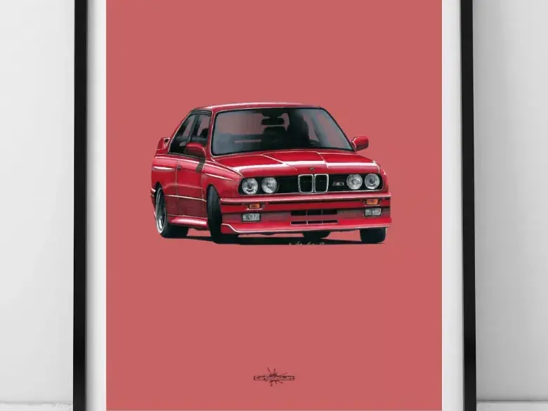 Kunstdruck eines roten BMW E30 M3 vor rosa Hintergrund, eingerahmt und auf den Boden gestellt