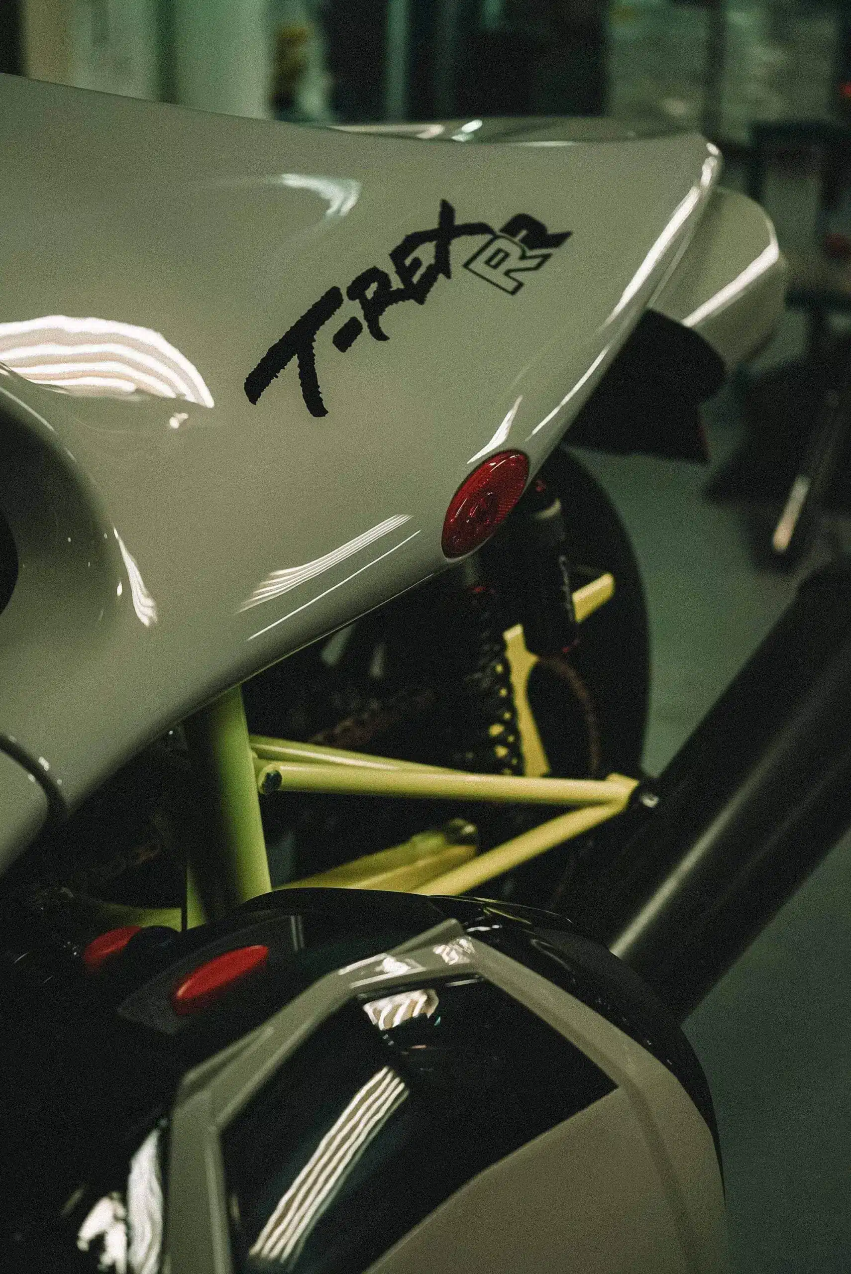 Nahaufnahme der Heckpartie des Campagna T-REX RR 2026, die den T-REX RR Schriftzug, Teile des Stahlrohrrahmens und Designelemente zeigt.