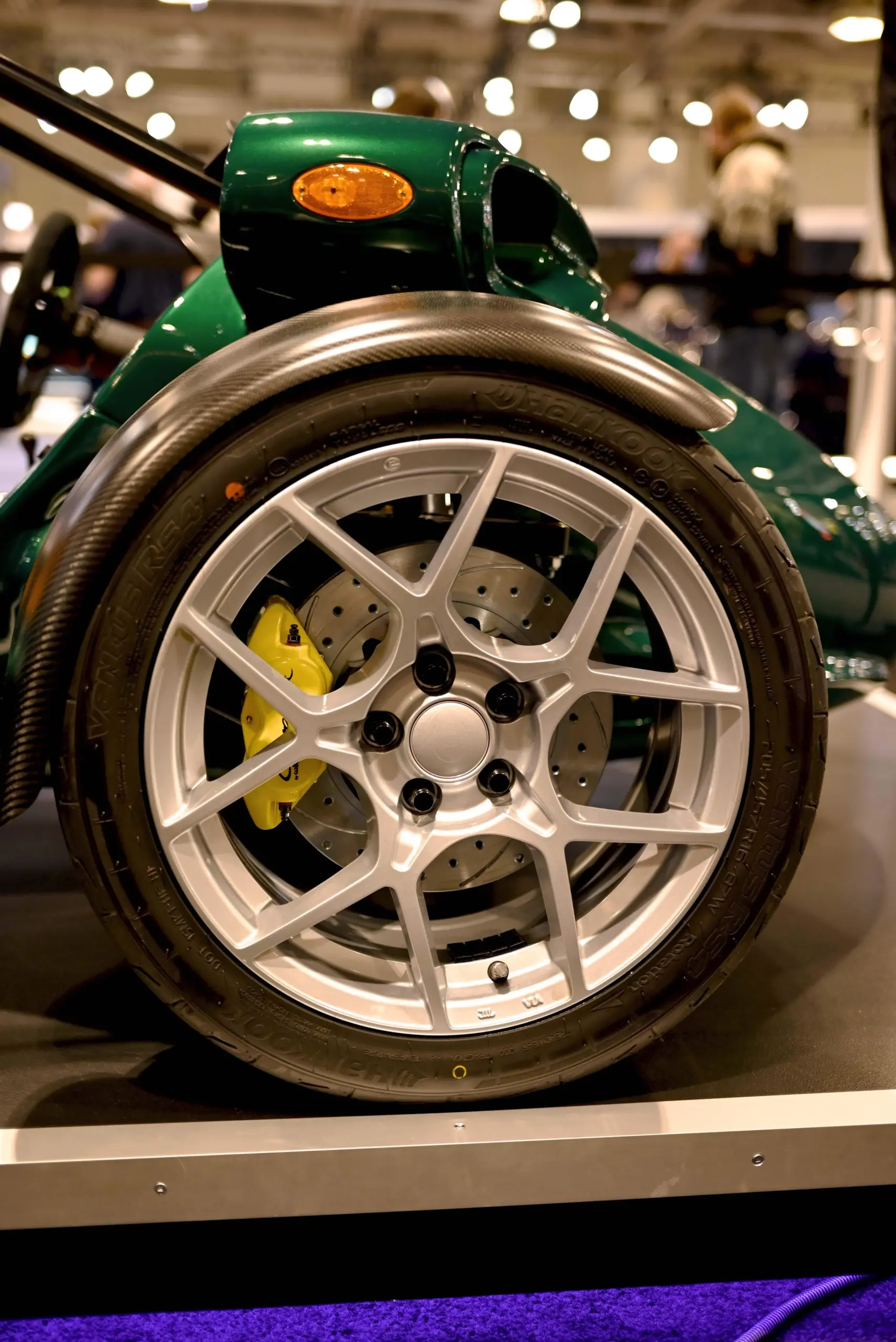 Rad mit silberner Felge, gelbem Bremssattel und grünem Kotflügel des Campagna T‑Rex RR 30 Special Edition