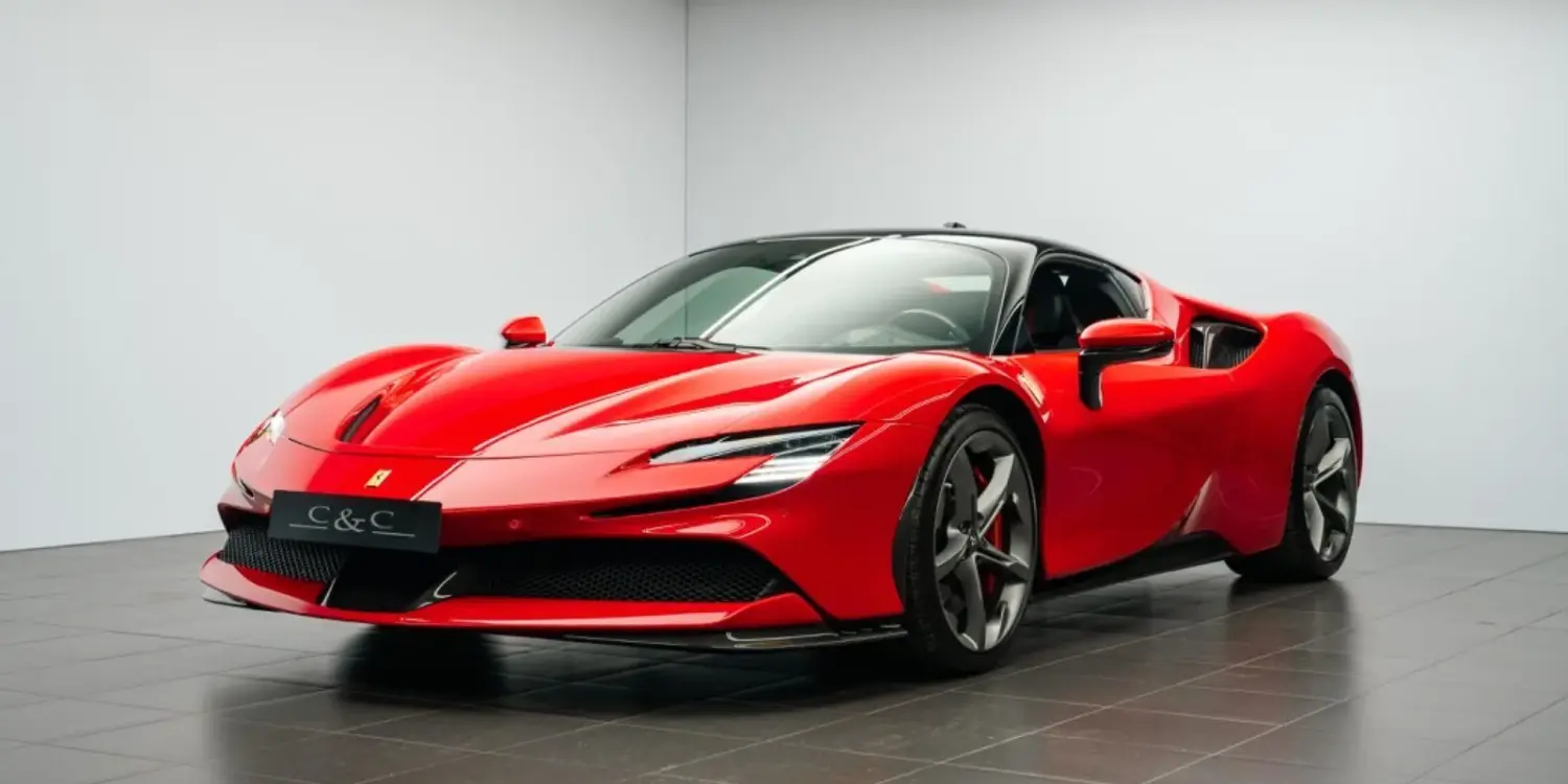 Ferrari SF90 Stradale Fiorano Coupé in Rot mit schwarzem Dach, fotografiert im Innenraum eines Ausstellungsraums