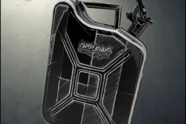 Schwarzer 10-Liter-Metallkanister mit weißem Skizzen-Design, handbemalt und von Carsplash.art veredelt.