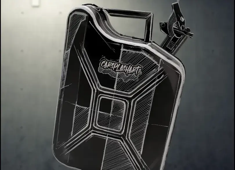 Schwarzer 10-Liter-Metallkanister mit weißem Skizzen-Design, handbemalt und von Carsplash.art veredelt.