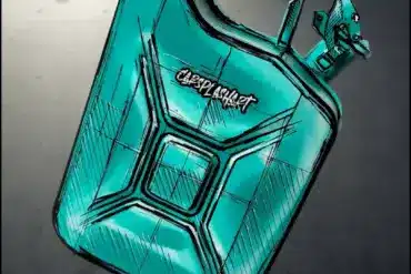 Handbemalter 10-Liter-Mint-Kanister, künstlerisch gestaltet und limitiert, vor grauem Hintergrund
