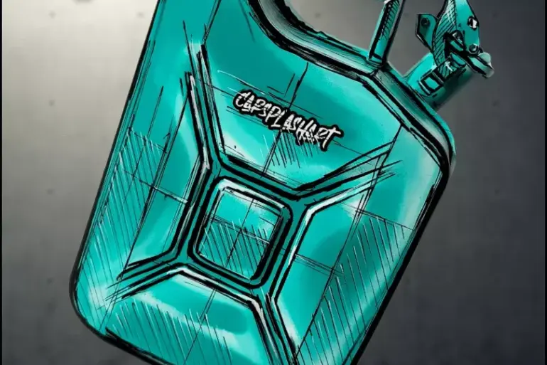 Handbemalter 10-Liter-Mint-Kanister, künstlerisch gestaltet und limitiert, vor grauem Hintergrund