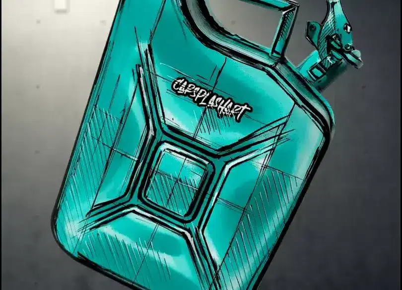 Handbemalter 10-Liter-Mint-Kanister, künstlerisch gestaltet und limitiert, vor grauem Hintergrund