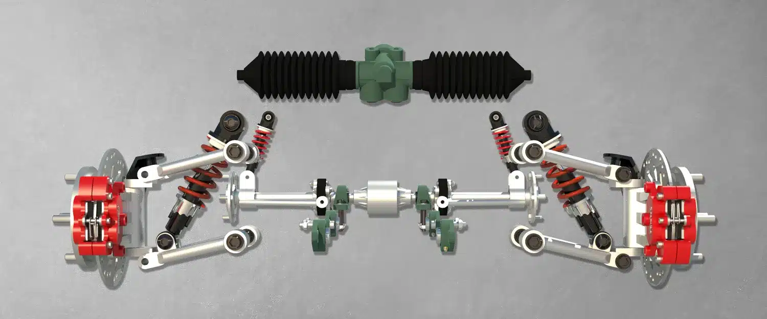Detaillierte Ansicht der unabhängigen Vorderachsfederung mit Scheibenbremsen und Lenkgetriebe des J-ARMY Junior Cars für Kinder.