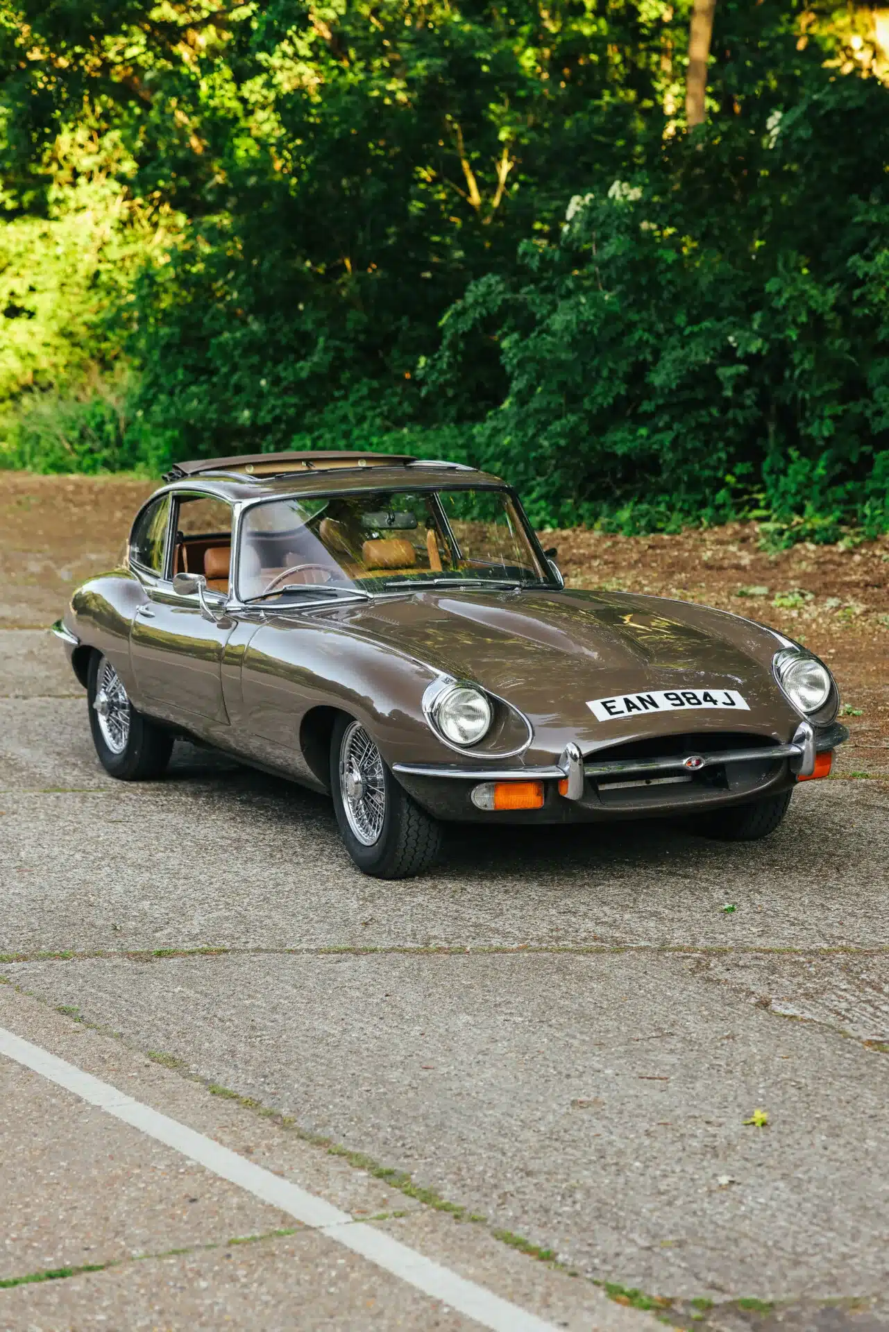 Jaguar E-Type Series 2 2+2 Coupé von 1970 in brauner Lackierung mit geöffnetem Webasto-Schiebedach, fotografiert in einer natürlichen Umgebung.