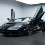 Schwarzer Lamborghini Countach LPI 800-4 mit geöffneten Scherentüren in einem modernen Showroom