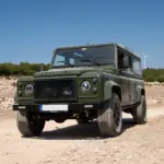 Land Rover Defender 110, Baujahr 1999, in Olivgrün auf Schotterstraße im Gelände vor blauem Himmel.