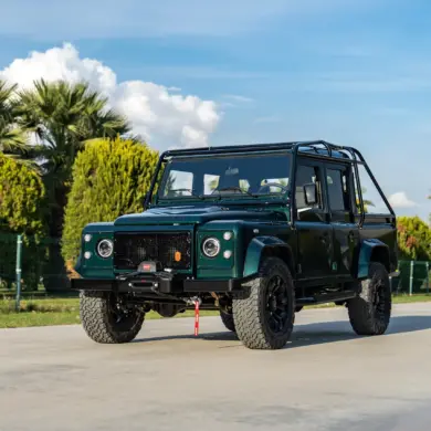 Land Rover Defender 110 von 1994 in Viridian Green, frontal fotografiert, geparkt vor Palmen und blauem Himmel.