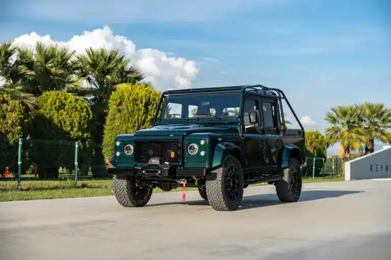 Land Rover Defender 110 von 1994 in Viridian Green, frontal fotografiert, geparkt vor Palmen und blauem Himmel.