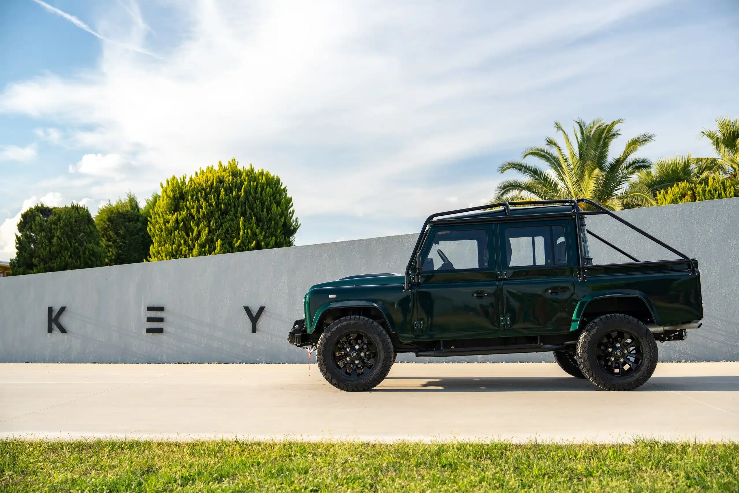 Land Rover Defender 110 Baujahr 1994 in Viridian Green, seitliche Ansicht vor einer weißen Wand mit Palmen und Bäumen.