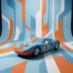 Modellauto Le Mans 64 MK1 im Stil der 60er Jahre auf blau-orange-weißem Muster-Hintergrund