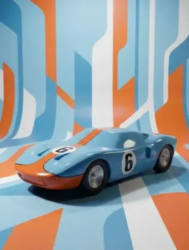 Modellauto Le Mans 64 MK1 im Stil der 60er Jahre auf blau-orange-weißem Muster-Hintergrund
