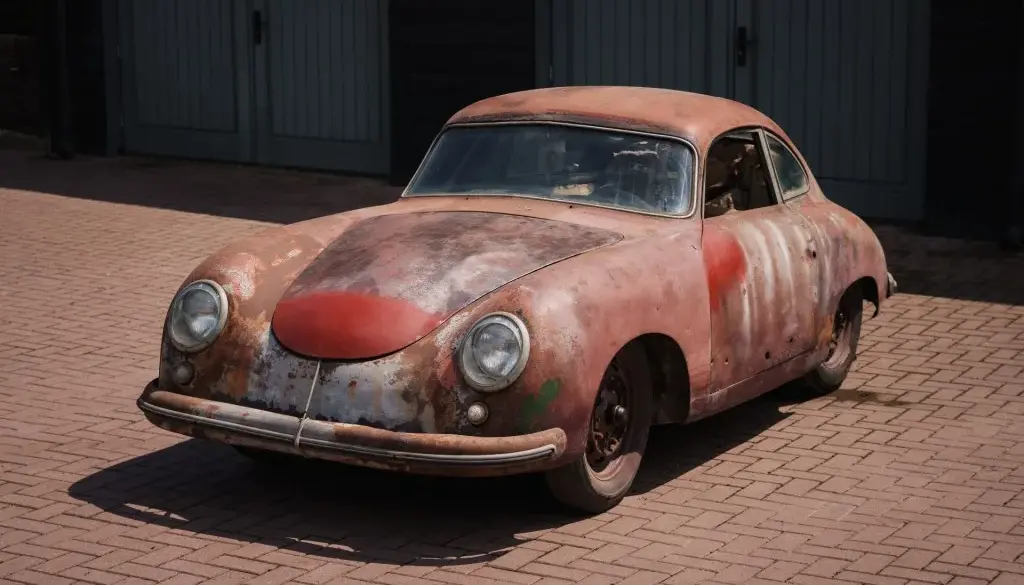 Porsche 356 Pre-A Coupé 1952 in unrestauriertem Zustand mit sichtbar gealtertem Lack und Korrosionsspuren, abgestellt auf Pflastersteinen vor einer Garage.