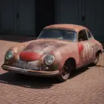 Porsche 356 Pre-A Coupé 1952 in unrestauriertem Zustand mit sichtbar gealtertem Lack und Korrosionsspuren, abgestellt auf Pflastersteinen vor einer Garage.