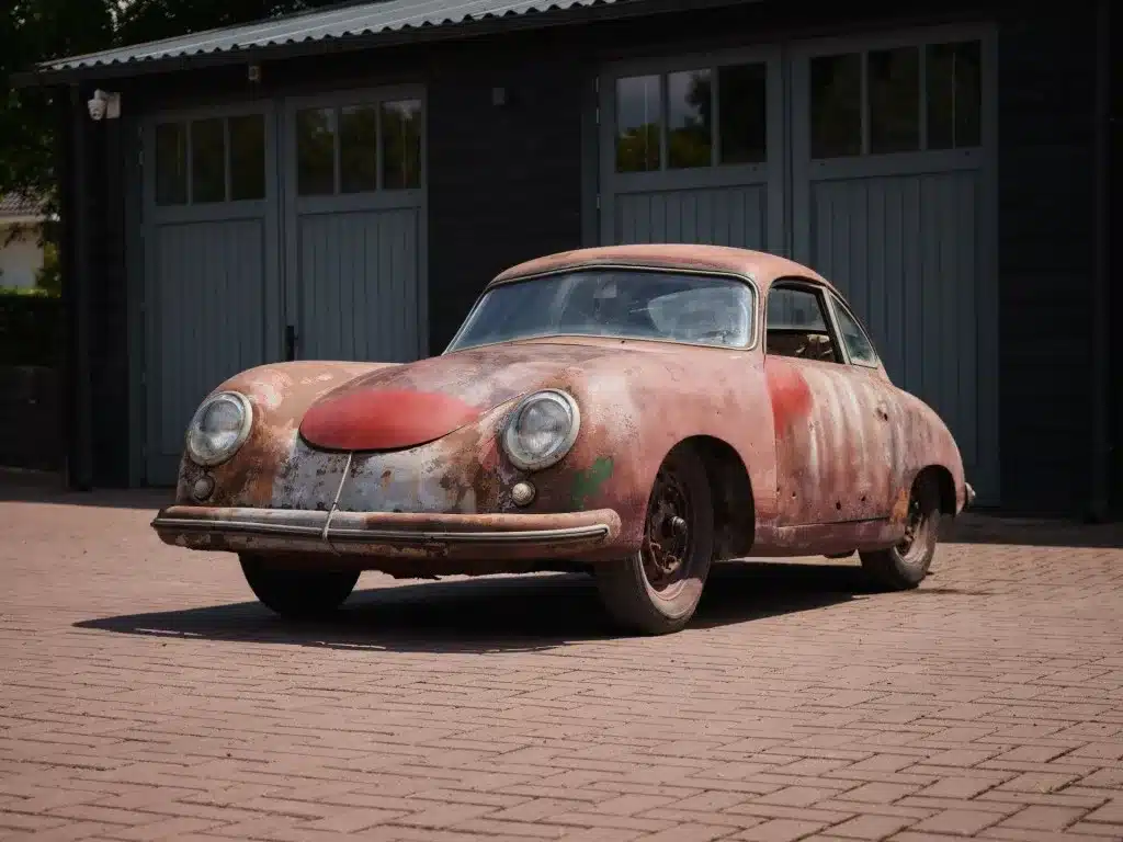 Unrestauriertes Porsche 356 Pre-A Coupé von 1952 in Palmgrün mit deutlicher Patina, aufgenommen vor einer dunklen Garage.