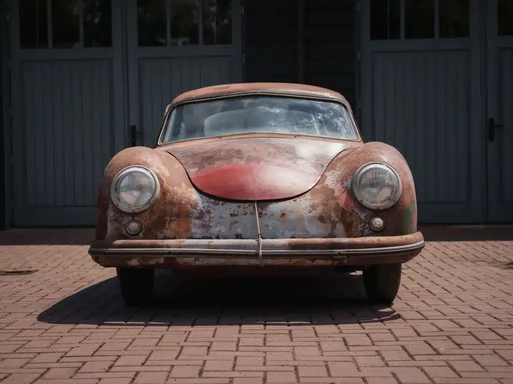 Unrestaurierter Porsche 356 Pre-A Coupé 1952, von vorn fotografiert, mit Patina und Korrosionsspuren.