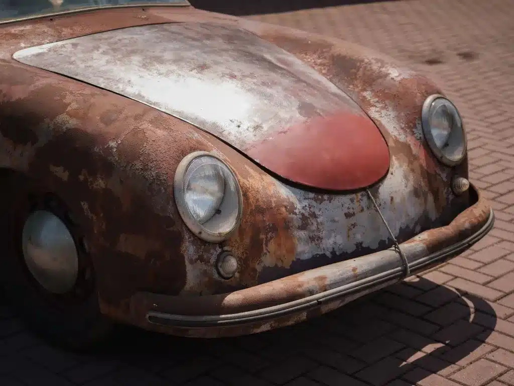 Frontansicht eines unrestaurierten Porsche 356 Pre-A Coupé von 1952 mit stark verwitterter Karosserie und Patina