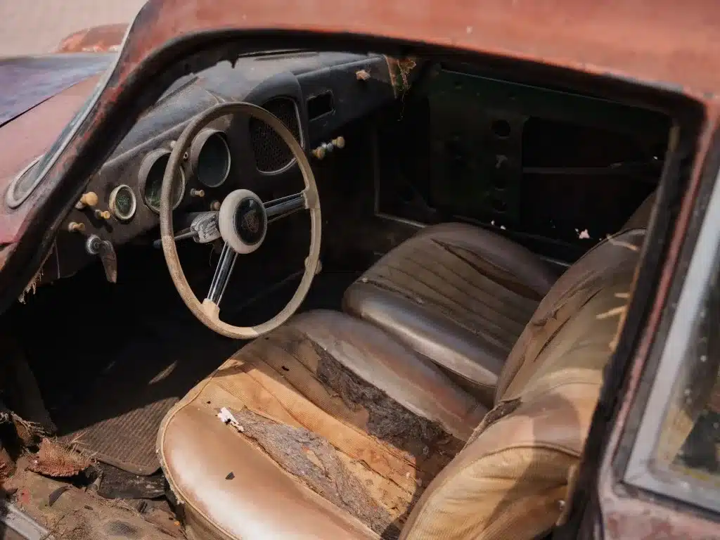 Unrestaurierter, abgenutzter Innenraum eines Porsche 356 Pre-A Coupés mit braunen Sitzen und originalem Lenkrad.