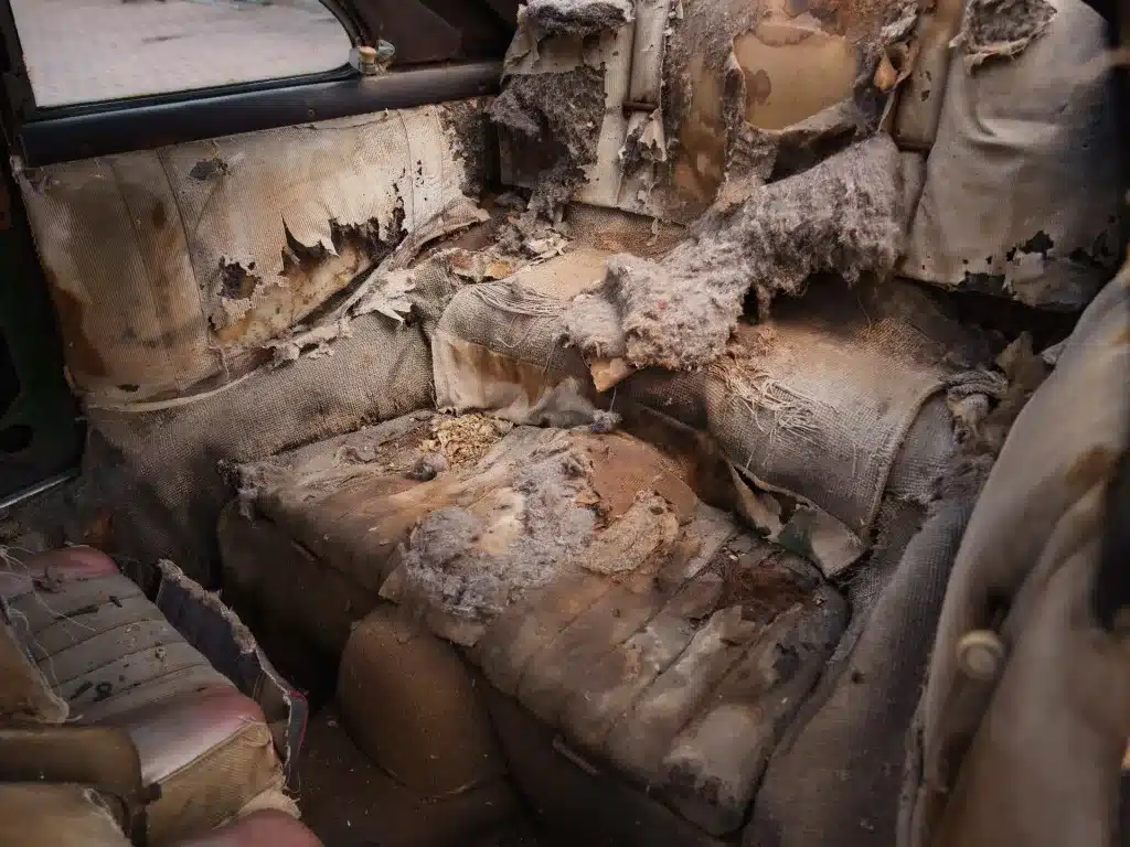 Stark beschädigte und zerstörte Rückbank eines Porsche 356 Pre-A Coupé aus dem Jahr 1952, unrestaurierter Zustand mit freiliegendem Polstermaterial.