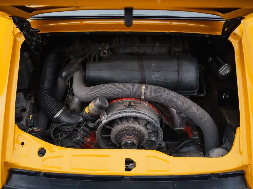 Luftgekühlter 3,0-Liter-Sechszylinder-Boxermotor im Heck eines gelben Porsche 911 SC von 1980