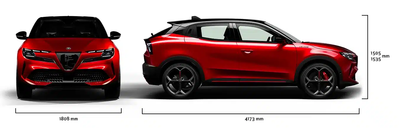 Front- und Seitenansicht des Alfa Romeo Junior Elettrica mit Fahrzeugmaßen