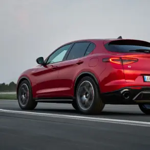 Roter Alfa Romeo Stelvio fährt auf einer Landstraße, Sport-SUV von hinten fotografiert.