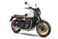 Brixton Cromwell 1200 X Motorrad in Seitenansicht, Retro-Stil, cremefarbener Tank und brauner Sitzbank
