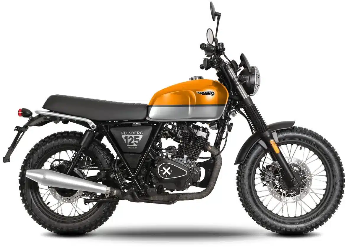 Brixton Felsberg 125 Motorrad in Orange-Grau, Seitenansicht, Modelljahr 2023