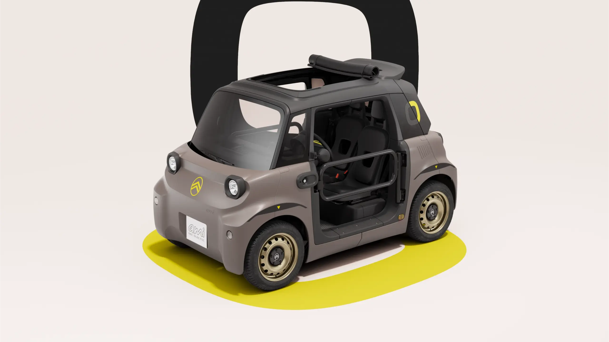 Citroën Ami Buggy mit geöffneten Metallrohrtüren und goldfarbigen Stahlrädern in Studioansicht