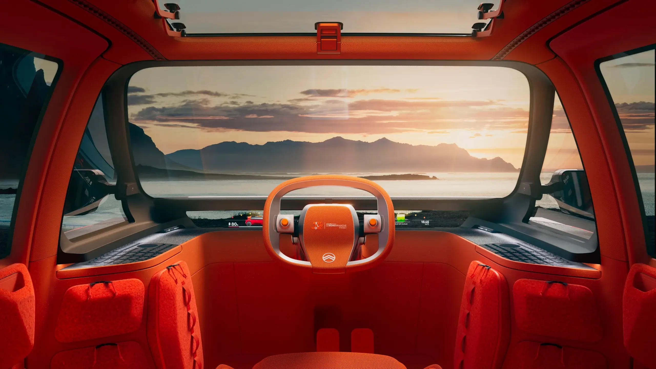 Futuristischer Innenraum des Citroën ELO Concept mit großem Panoramafenster, digitalem Cockpit und Blick auf eine Landschaft bei Sonnenuntergang