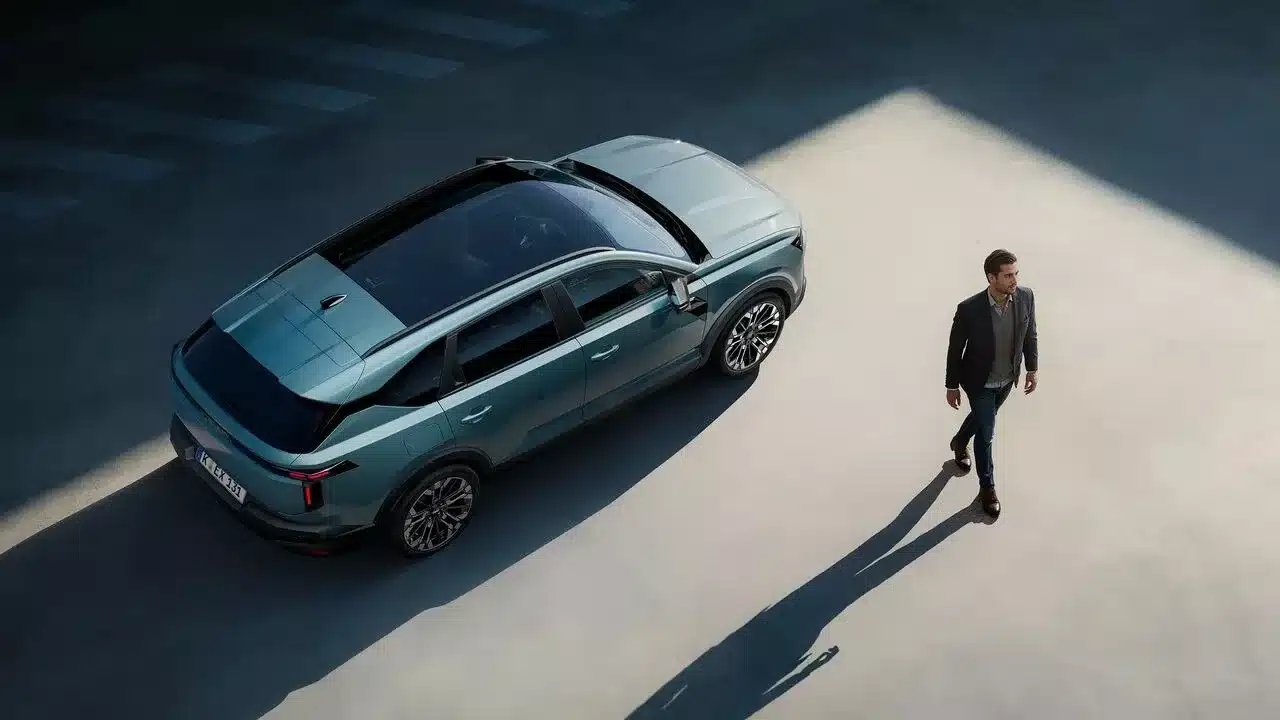 Dacia Striker Hybrid‑Crossover in hellem Blau, von schräg oben fotografiert, neben einem Mann auf einem Betonuntergrund.